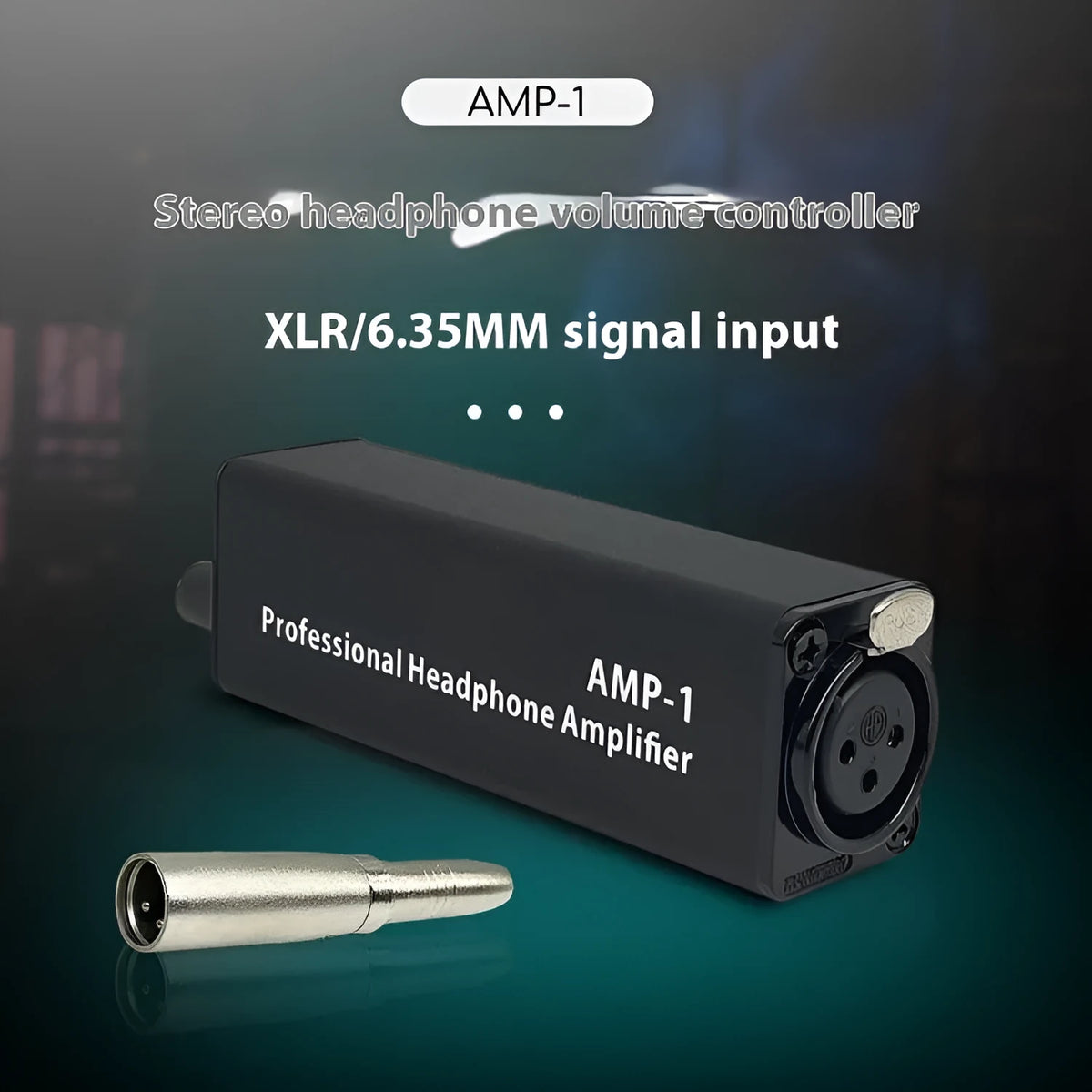 Headphone volume adjustment converter with XLR interface, AMP1 model, compact size 9.6cm x 2.6cm x 3.15cm
