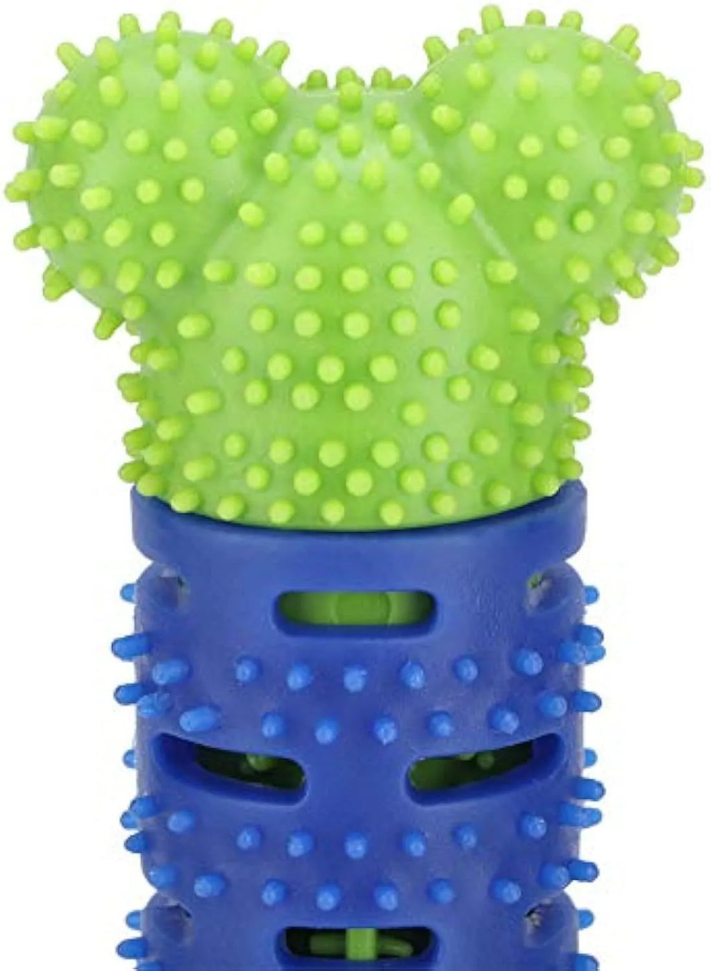 Blue and green silicone dog dental chew toy with textured brush head for teeth cleaning.