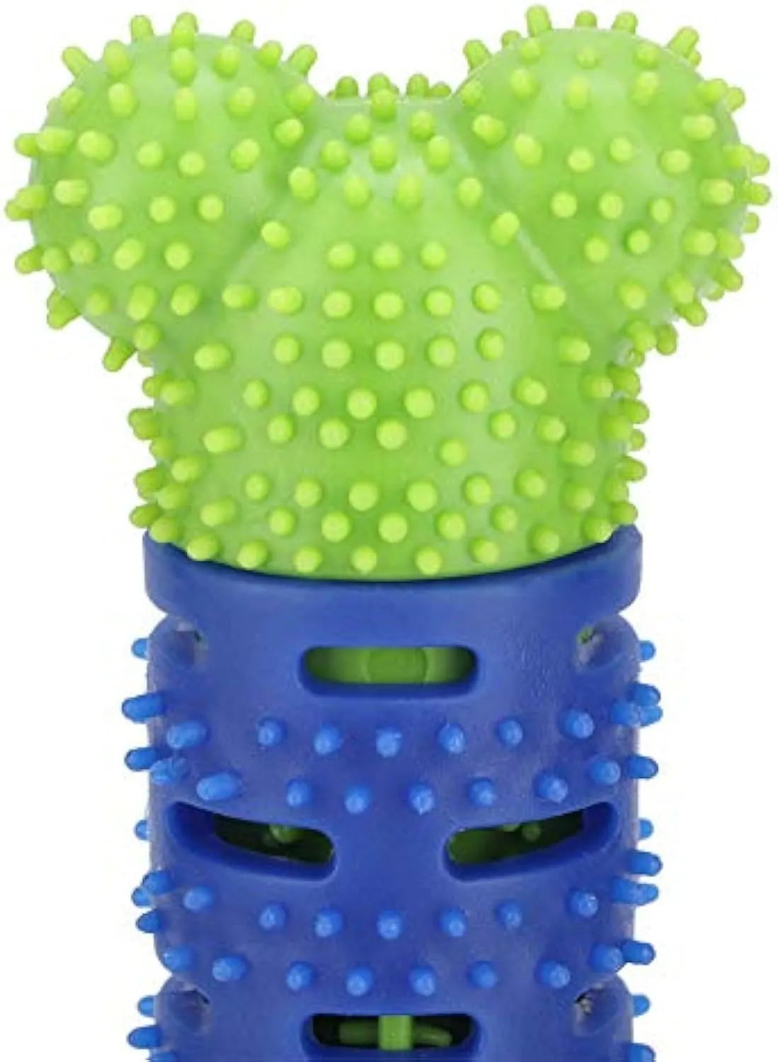 Blue and green silicone dog dental chew toy with textured brush head for teeth cleaning.