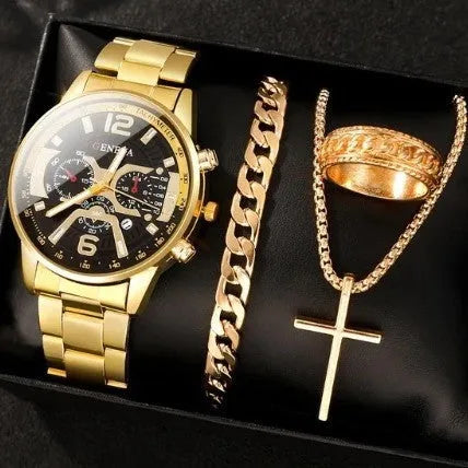 Men's business watch set with steel belt, necklace, bracelet, and ring in silver finish