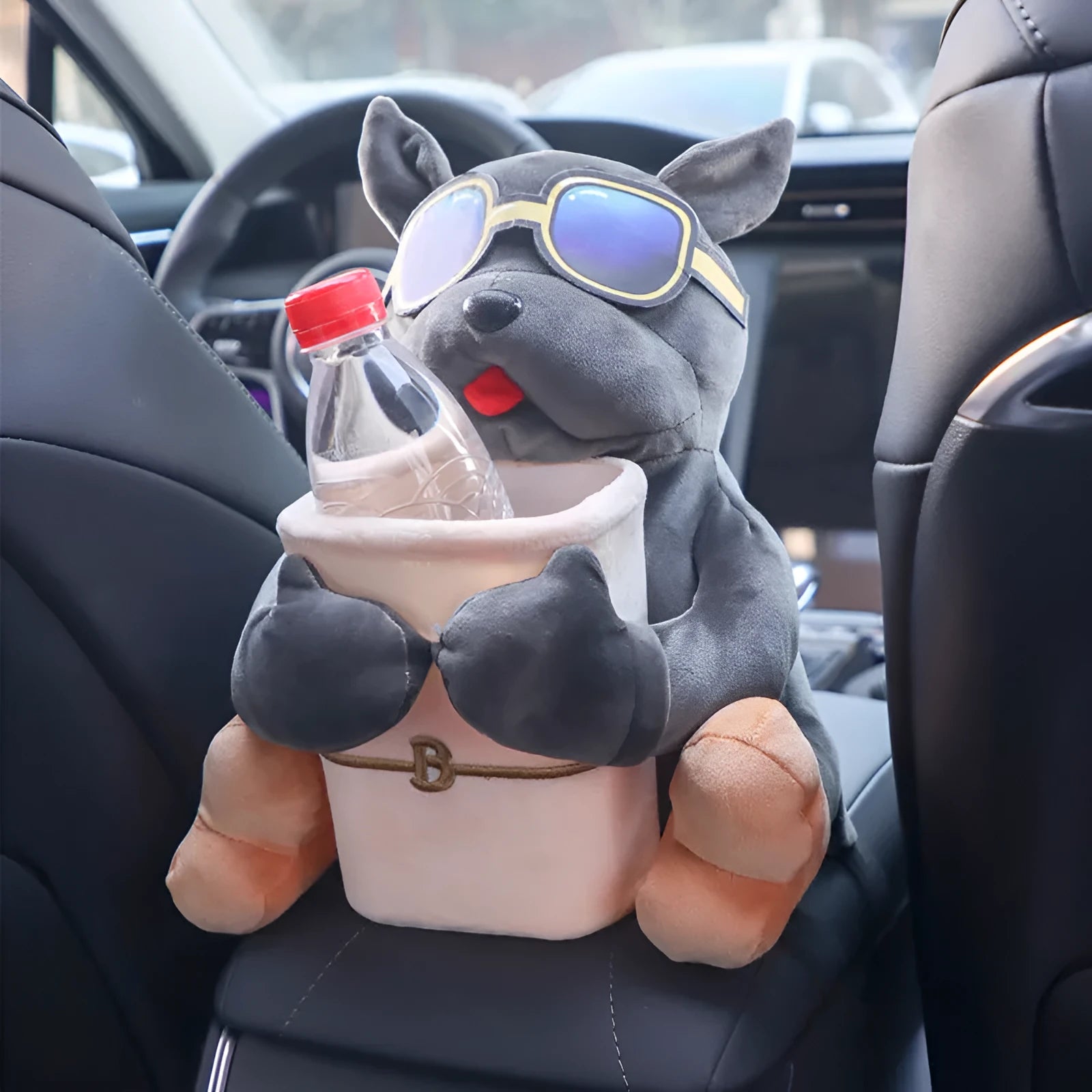 Plush car tissue box hanging from vehicle armrest in character design