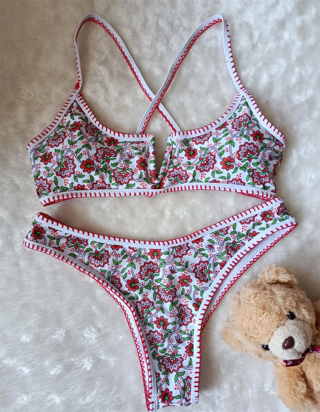Women's V-neck swimsuit with floral embroidery print in quick-drying polyester fabric
