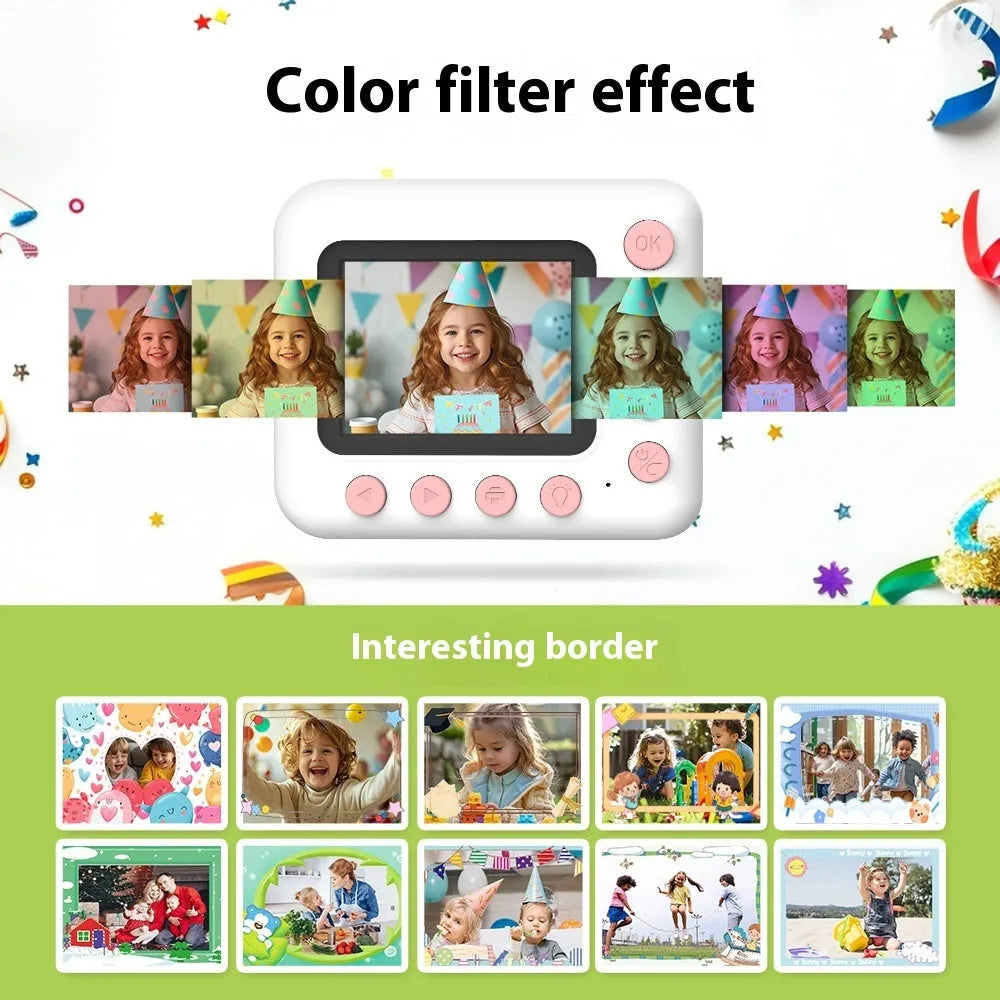 Children's printing camera in plastic body with instant black and white print function, showing camera and printed photo