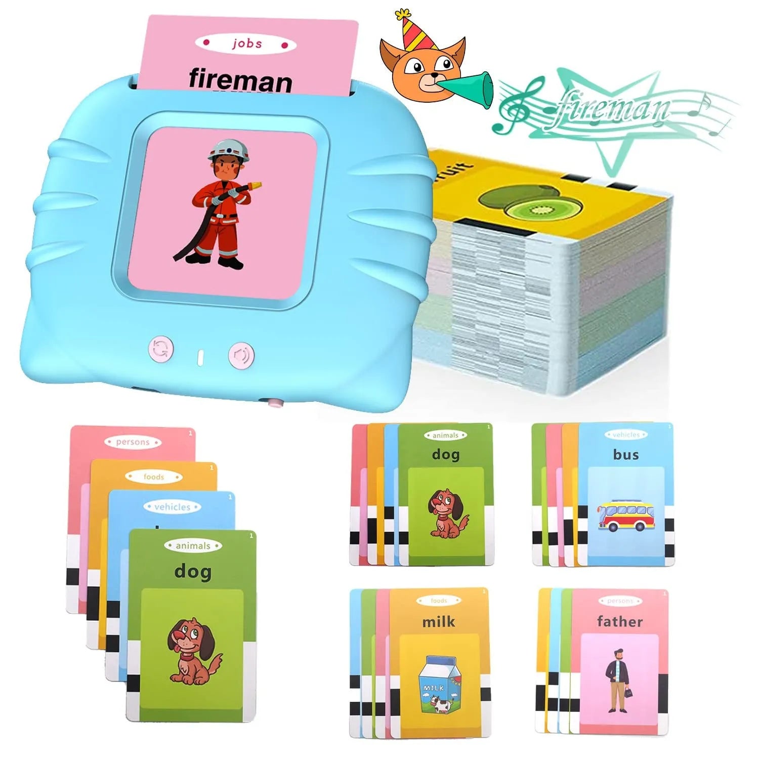 Blue children's learning machine with audiobook cards for English early education.