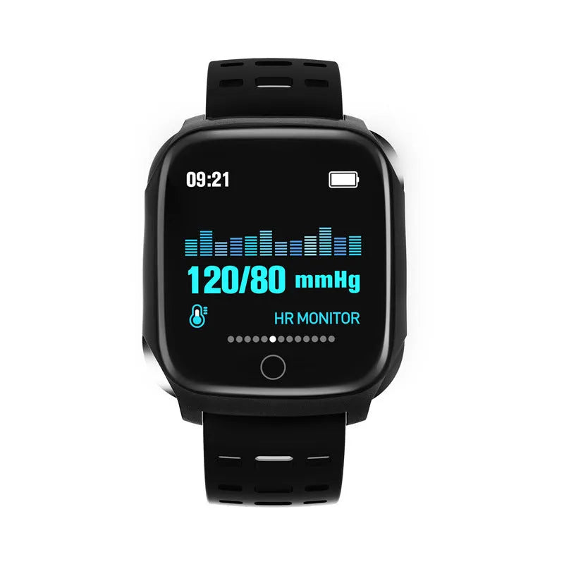 F16 Smart Watch with ECG and blood pressure monitoring on a silicone wristband in black colour options.