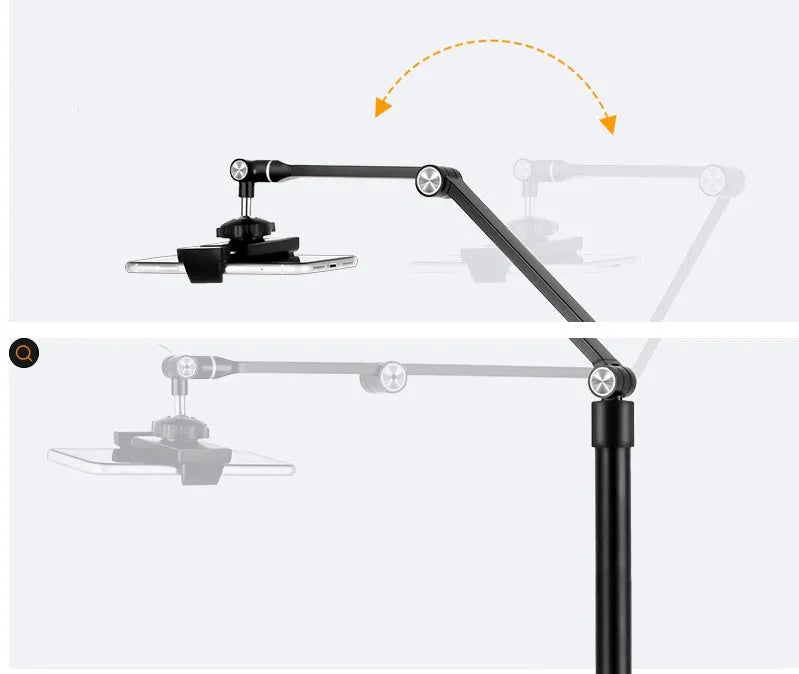 Black aluminium alloy floor standing mobile tablet holder with integrated LED fill light in folded position