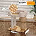 A wooden cat nest with two openings, showing a pine frame and textured sisal scratching surface panels on the side.