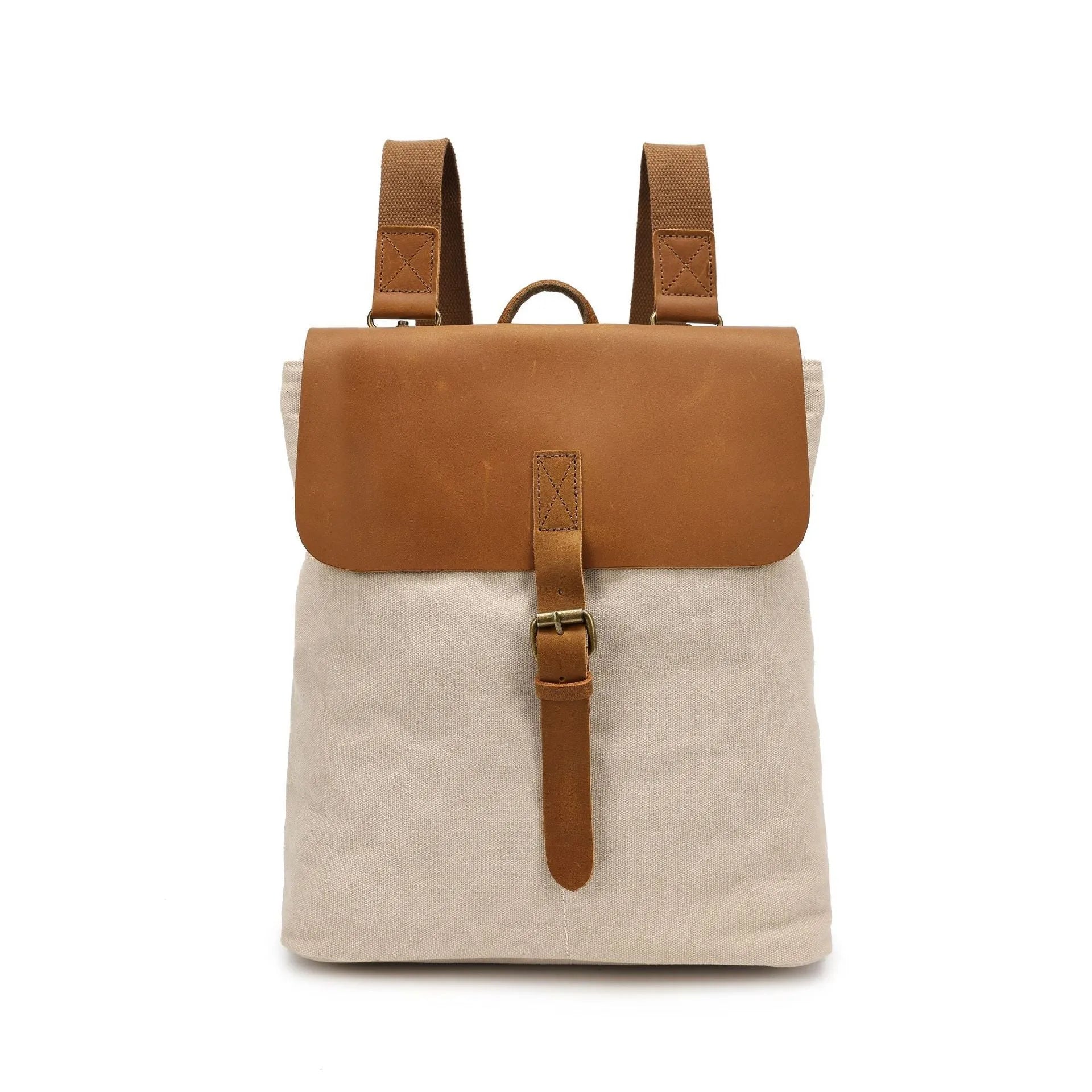 Waterproof canvas student backpack with Crazy Horse leather trim in minimalist design