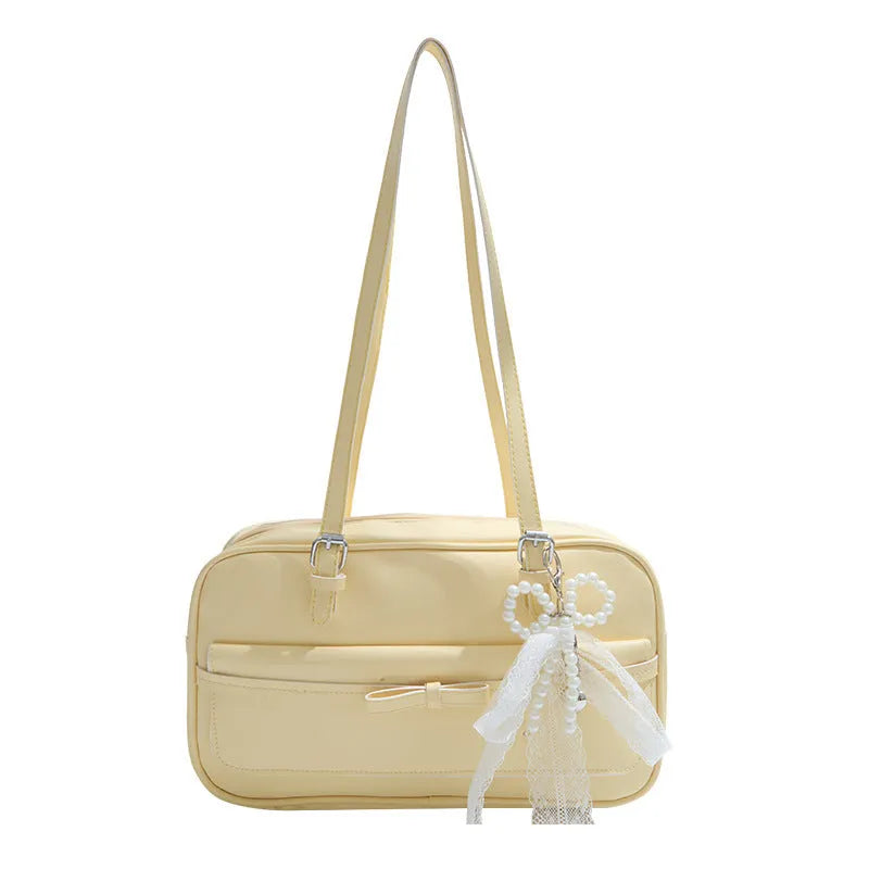 Women's black PU leather single-shoulder bag with flap closure and double straps showing internal mobile phone compartment