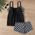 Women's black polka dot high-waist two-piece swimsuit for swimming and fitness.