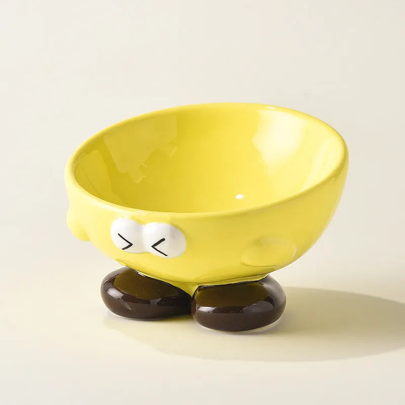 Blue slanted ceramic pet bowl with cute expression design for cat and dog cervical spine support