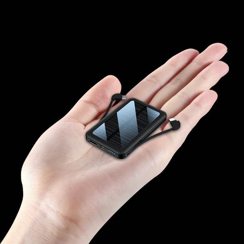 Square aluminium solar power bank with dual cables, 10000mAh capacity, cool black finish