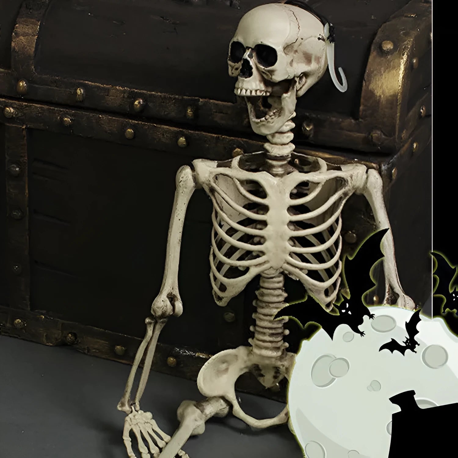 Full 170 cm tall plastic skeleton prop with detailed bones and skull on white background.