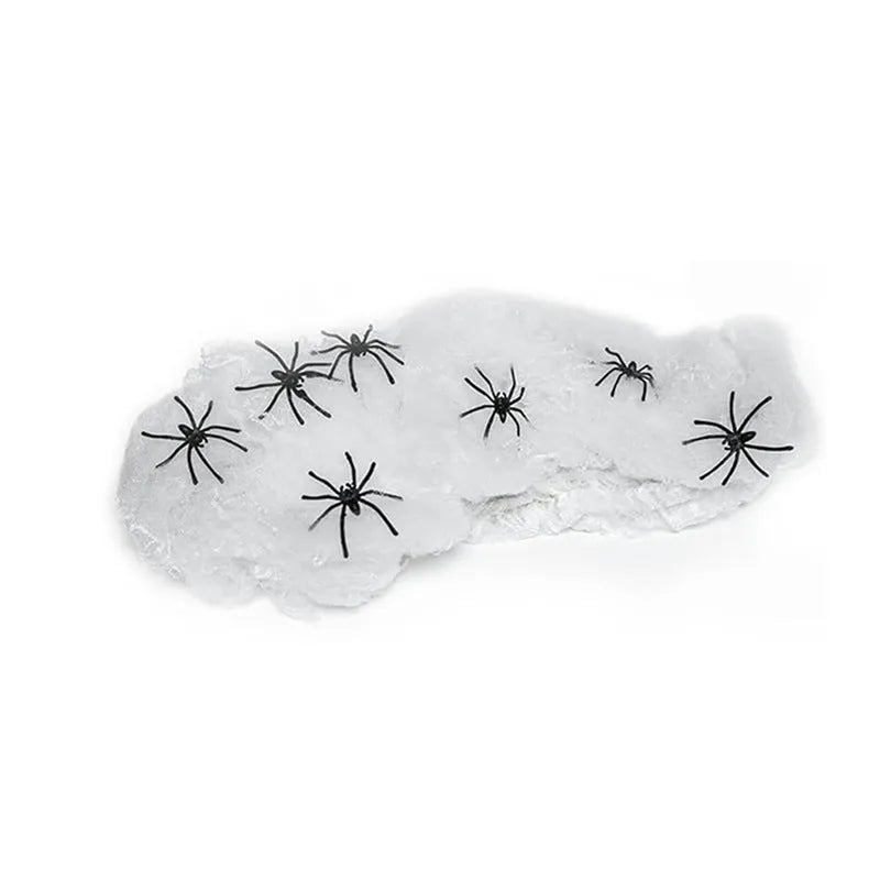 Cotton spider web Halloween decoration set with spiders in white colour scheme