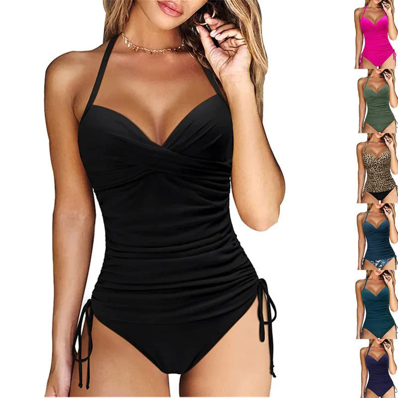 Women's black high-waisted nylon bikini set for swimming sports on a mannequin.