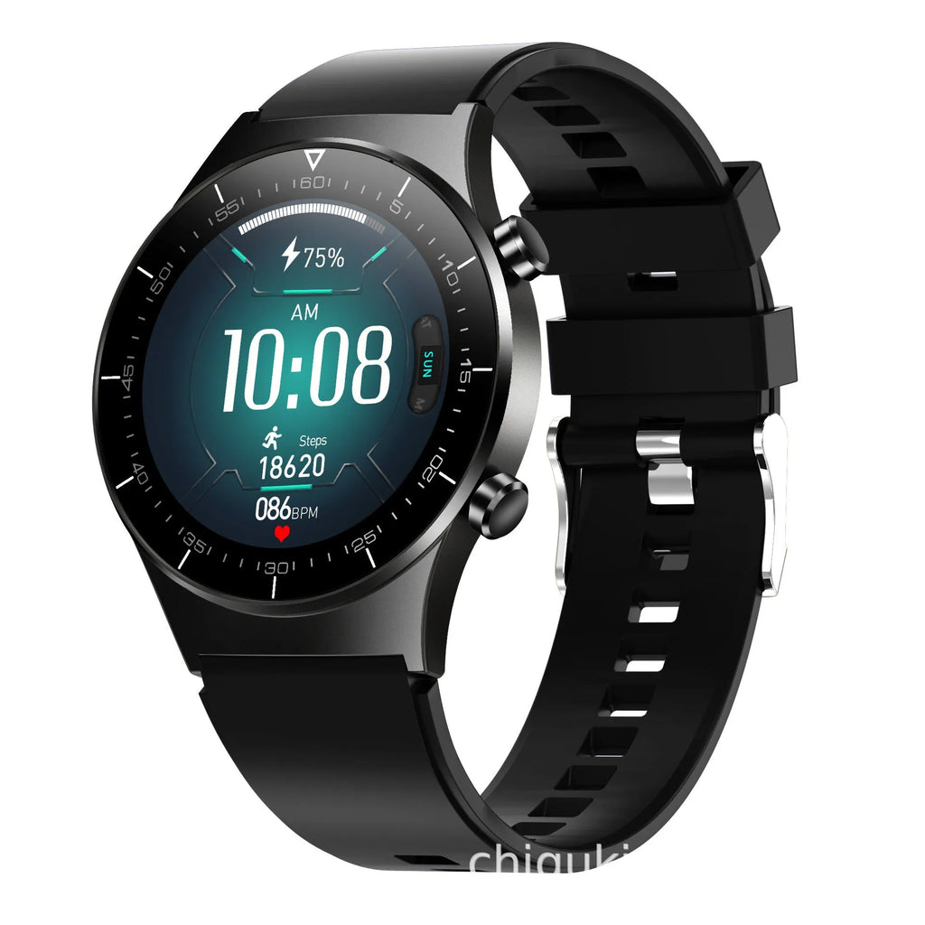 Black smartwatch with health monitoring on a TPU wristband showing a 1.28-inch touch screen.