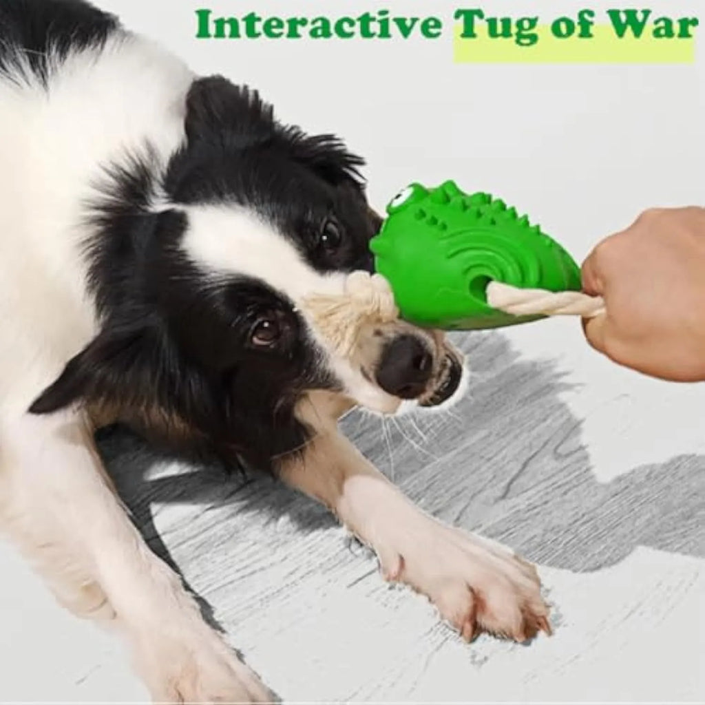 Green rubber cotton rope toad dog toy for aggressive chewers with squeaker and teeth-cleaning texture