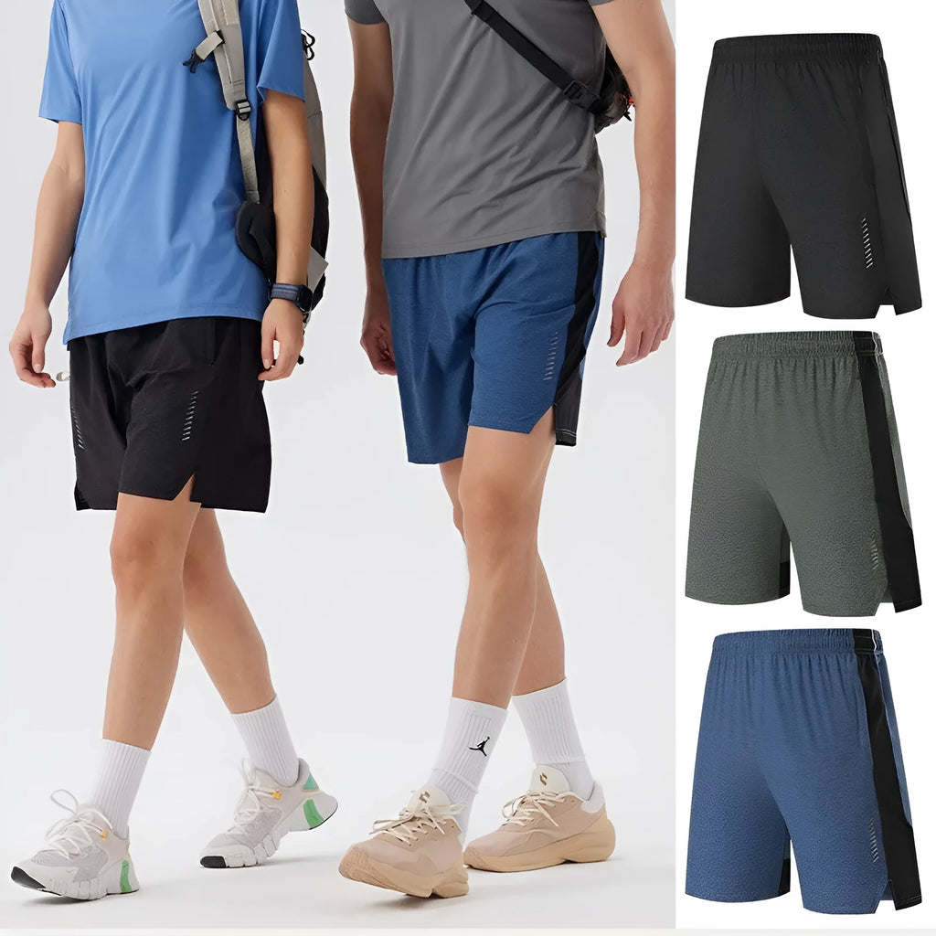 Men's forest green spandex casual shorts with mid-waist fit on a neutral background.