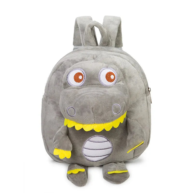Blue dinosaur plush backpack for children with embroidered character and soft handle