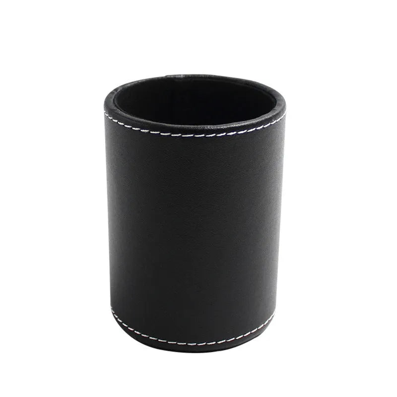 Small black leather round pen holder with 8cm diameter and 10.8cm height dimensions