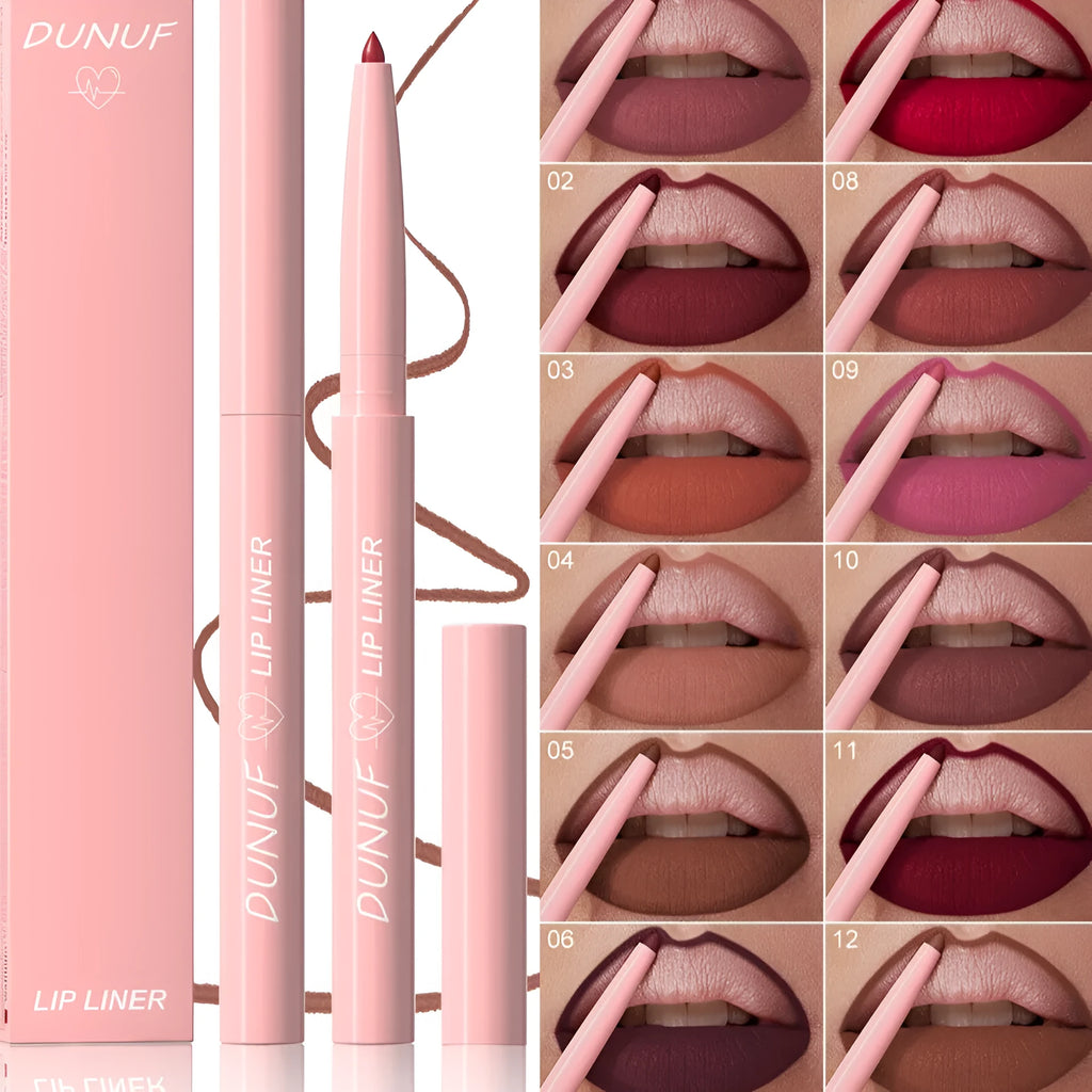 A velvet matte lip liner pencil shown with a swatch of its colour, one of twelve available shades.