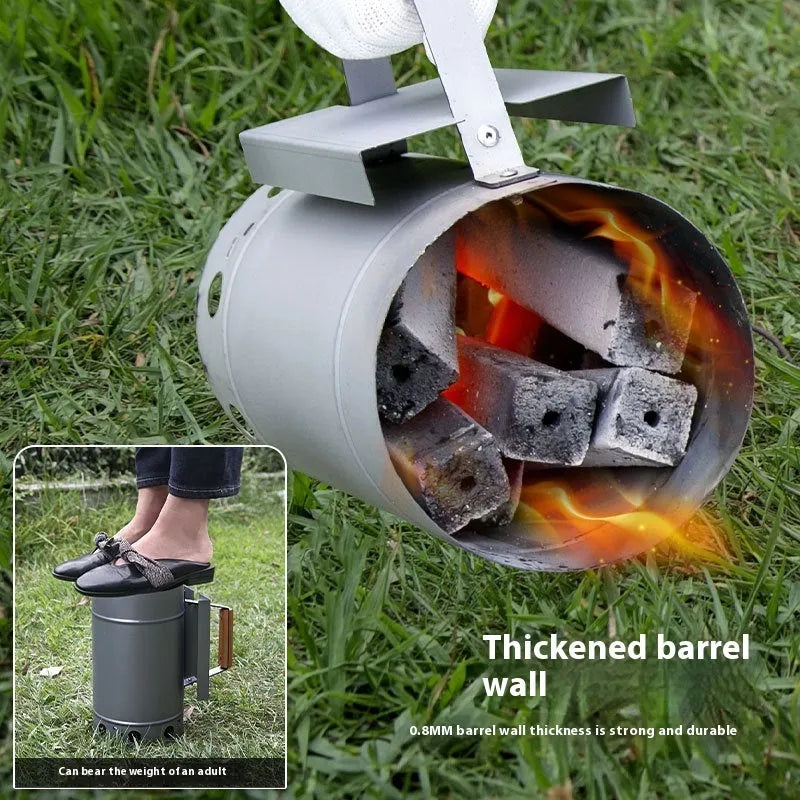 Zinc-iron alloy charcoal barbecue oven igniter with pointed carbon barrel design on a garden table.