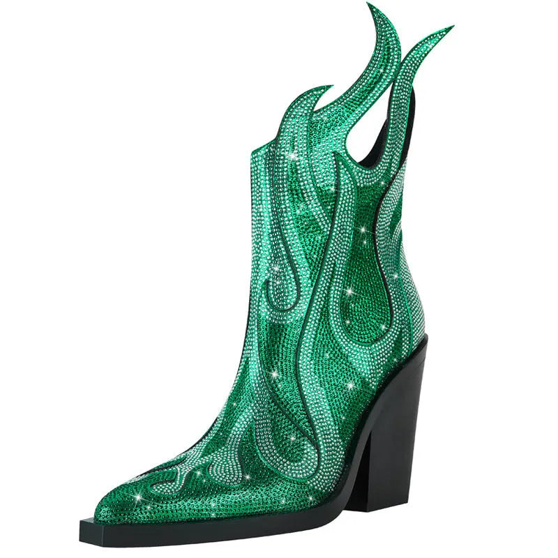 Women's black chunky heel Martin boots with rhinestone flame decoration and side zip.