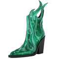 Women's black chunky heel Martin boots with rhinestone flame decoration and side zip.