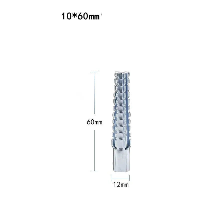 Metal Christmas tree barbed expansion tube screws in various sizes for concrete and brick walls.