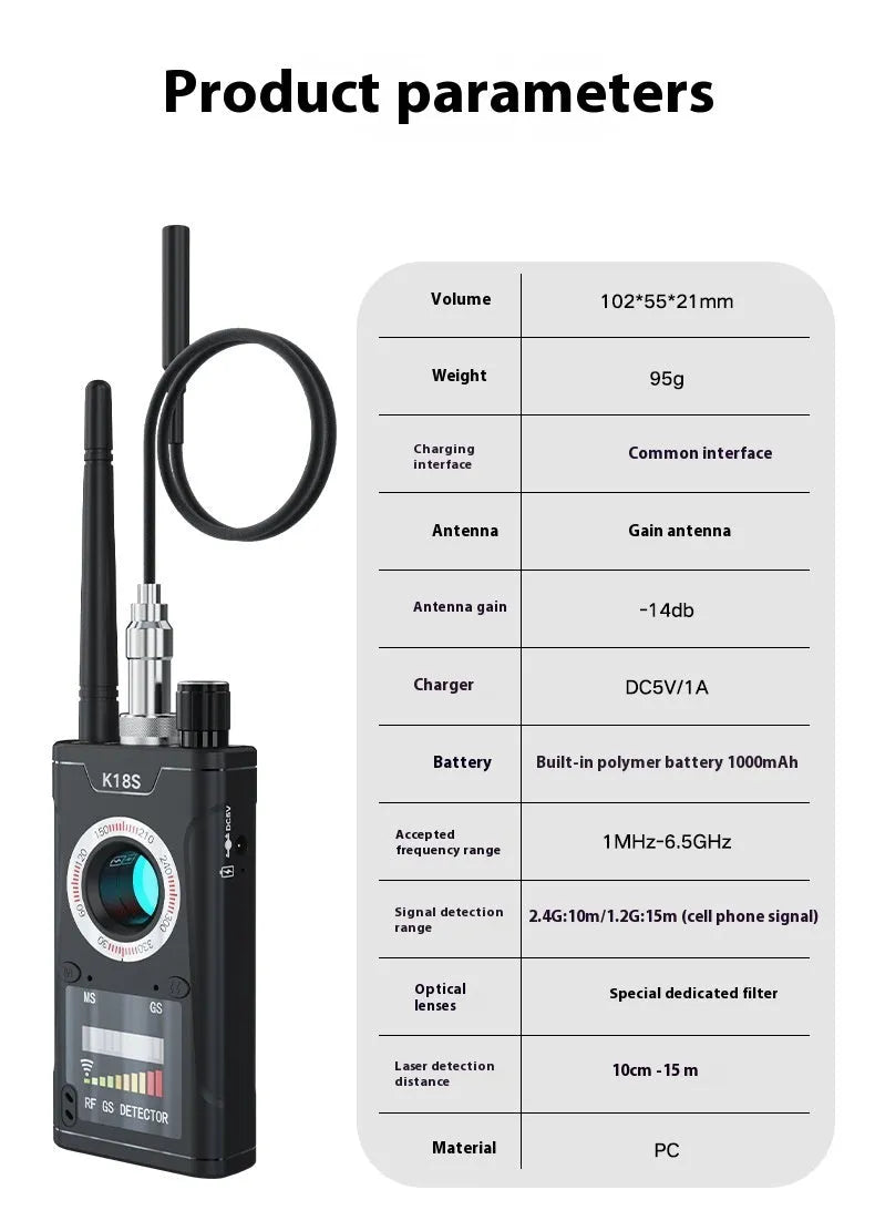 Anti-eavesdropping detector with wireless, magnetic, and camera detection, 117 x 56 x 20 mm, American or European Standard