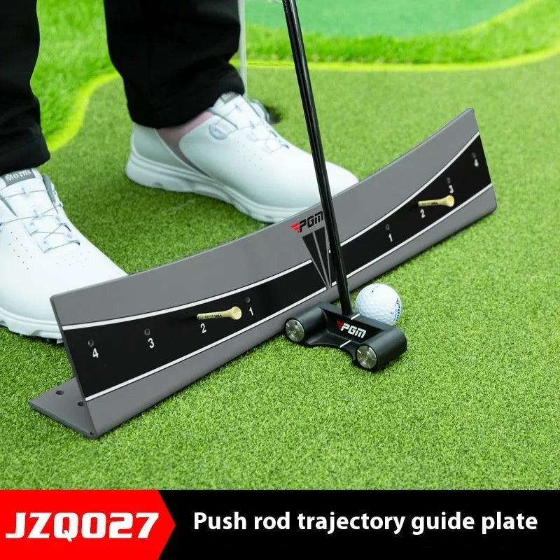 Golf putter with attached adjustable balance simulator showing the extended push rod mechanism on a putting mat.