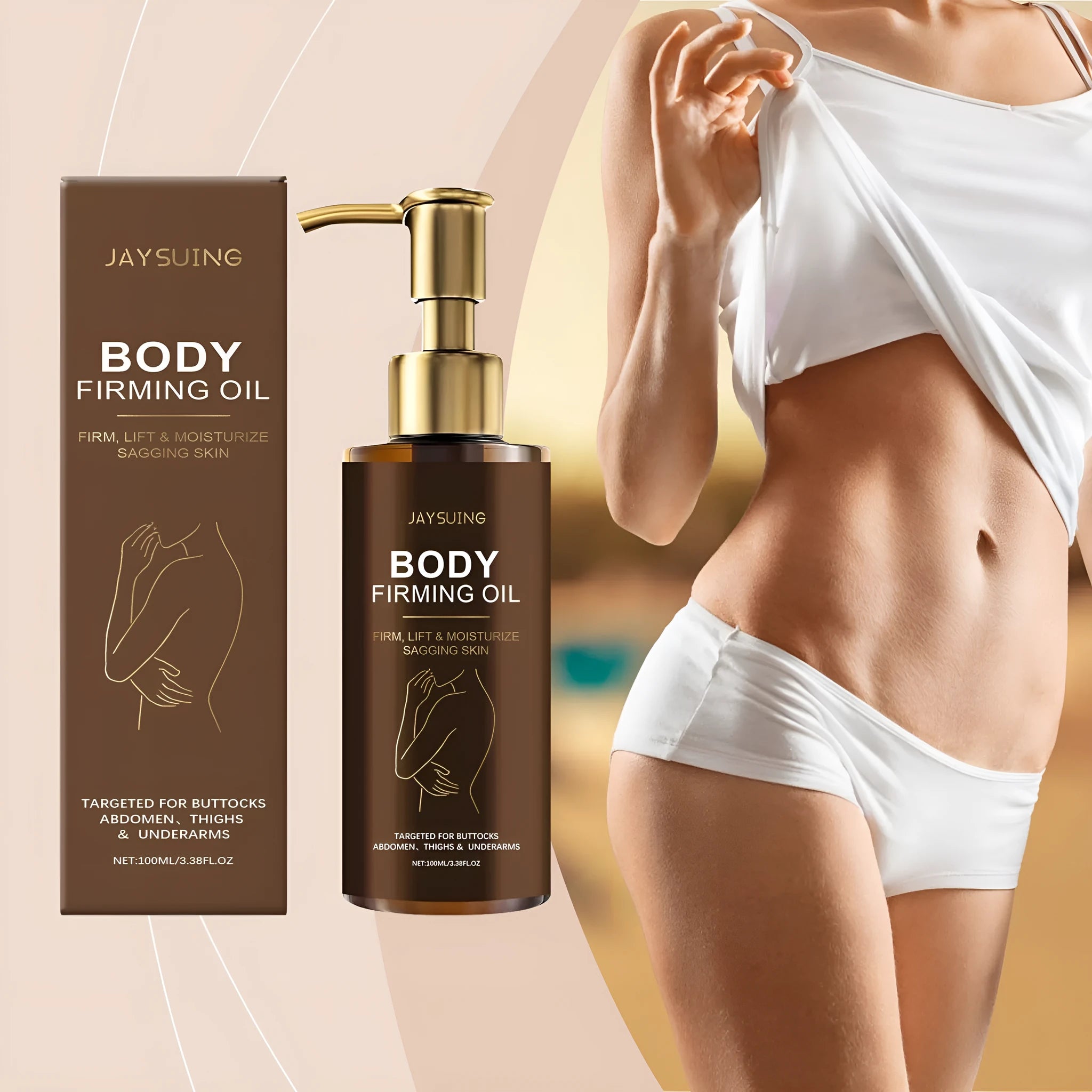 100ml bottle of nourishing and firming body oil with seven ingredients including hyaluronic acid