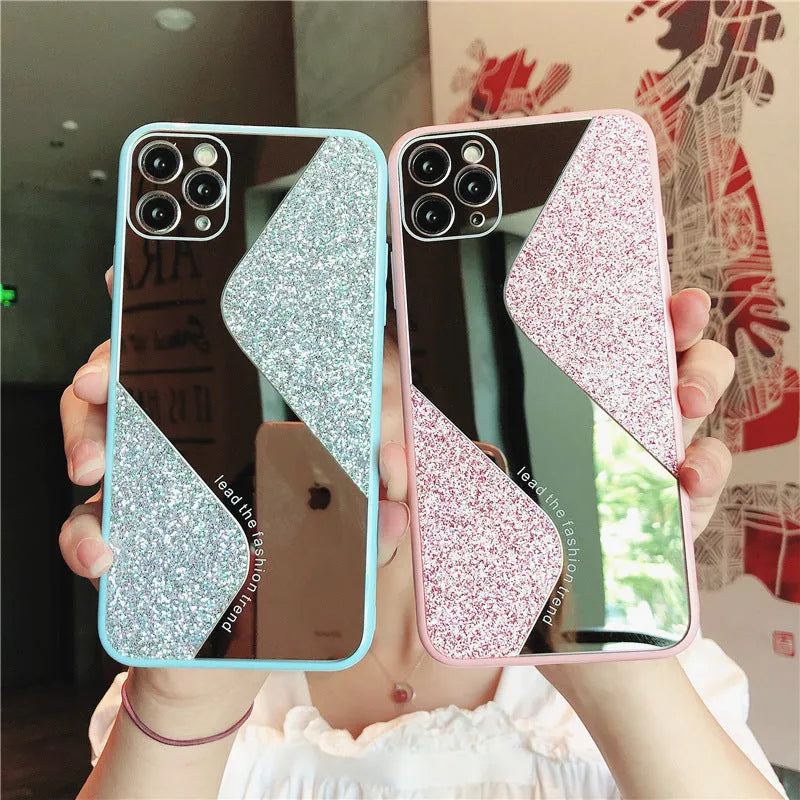 Glitter mirror finish iPhone case with rhinestone decoration on a smartphone
