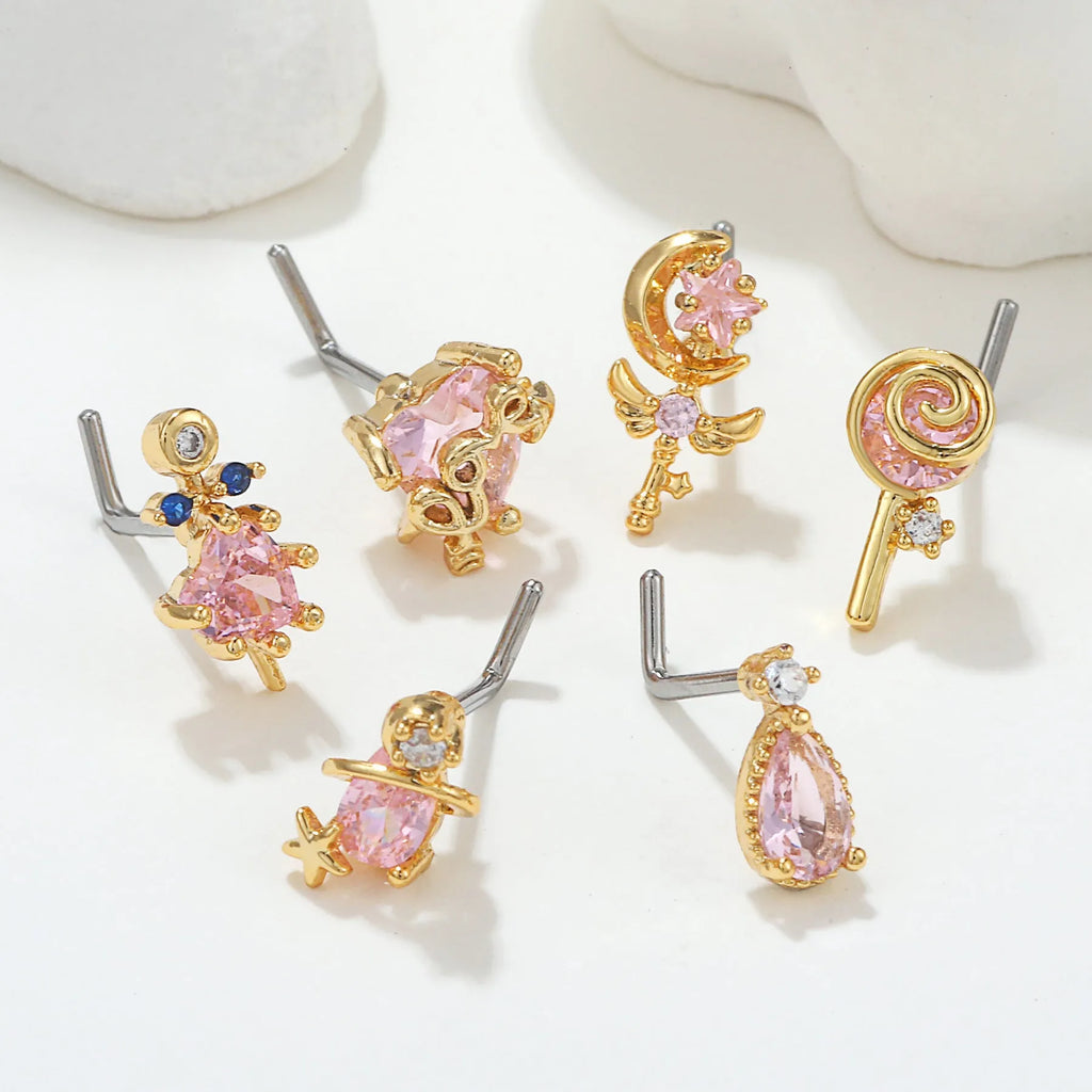 Geometric zircon nose stud with 18K gold plating on brass base, multiple colour options available