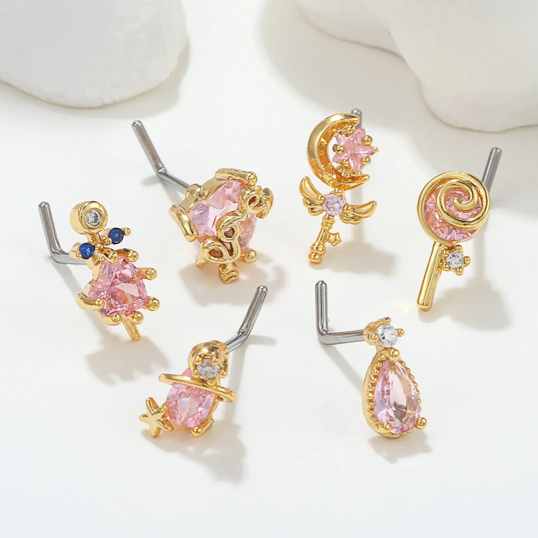 Geometric zircon nose stud with 18K gold plating on brass base, multiple colour options available