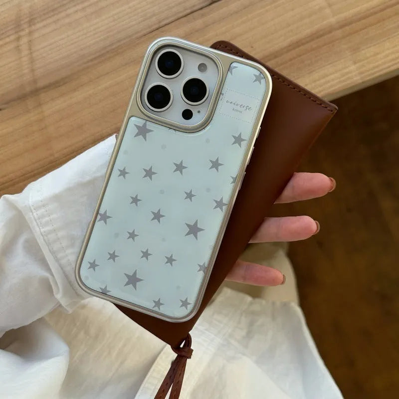 Blue epoxy resin phone case with electroplated edge and five-pointed star pattern for iPhone 14 Pro Max