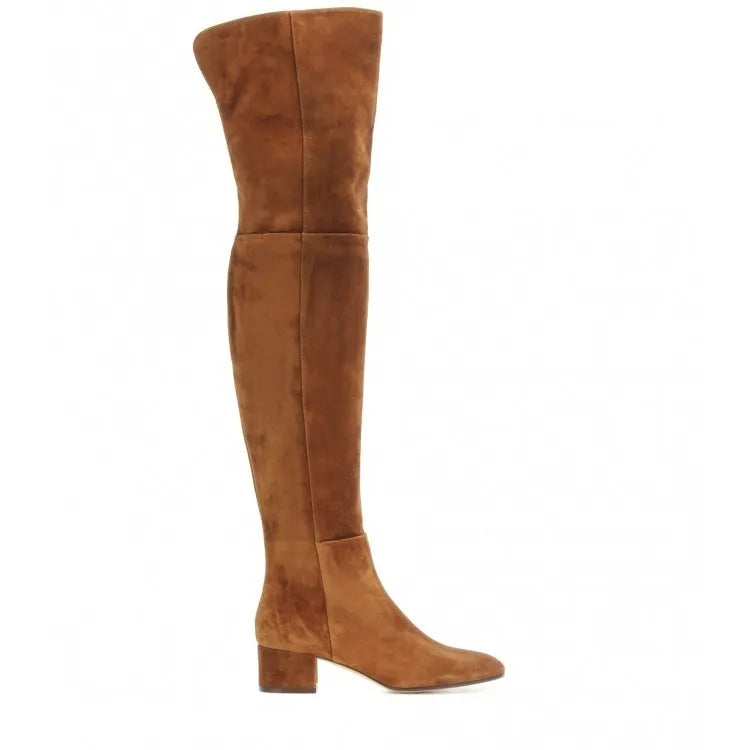 Grey suede women's over-the-knee flat boots with a pointed toe and low thick heel on a neutral background.