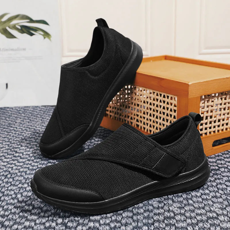 Mesh upper walking shoes with Velcro fastening in black, blue, grey, or wine red