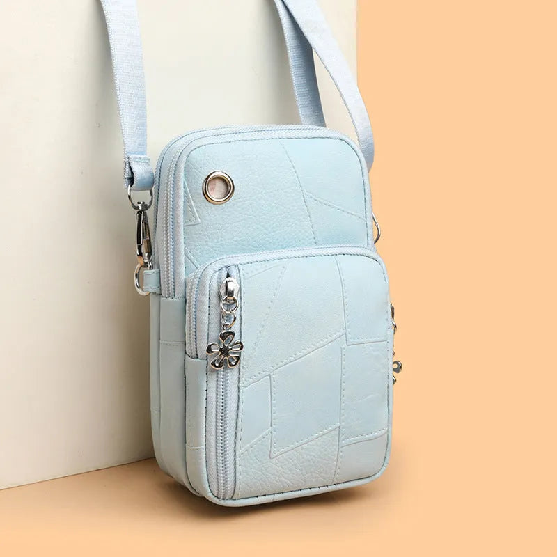 Vertical square mobile phone bag with sandwich pocket in PU material