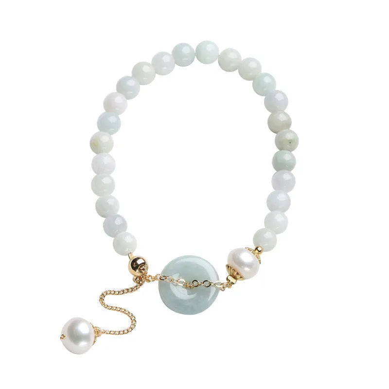 National style jade and pearl bracelet for women with a geometric peace buckle charm.
