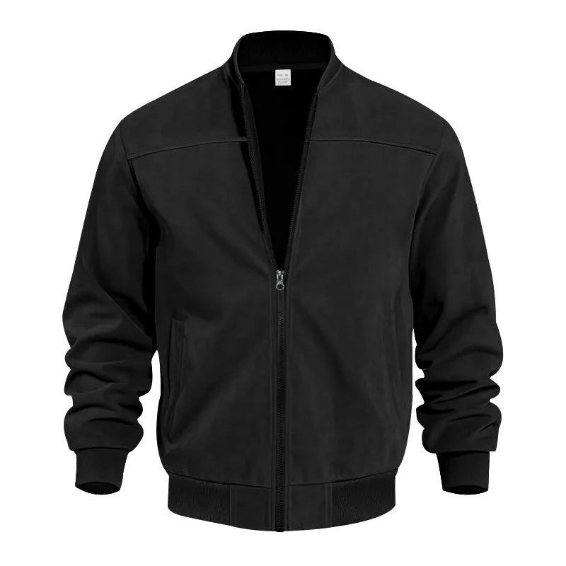 Men's plus size casual suede jacket in polyester with cotton lining and zipper closure