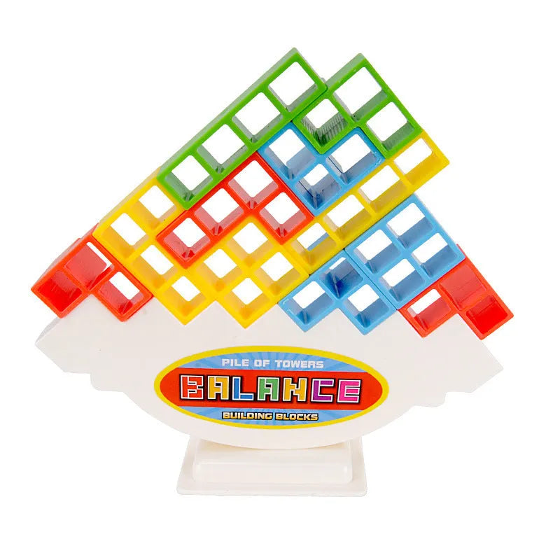 Plastic balance stacking game with 16 colourful building blocks on chassis for children aged 3+