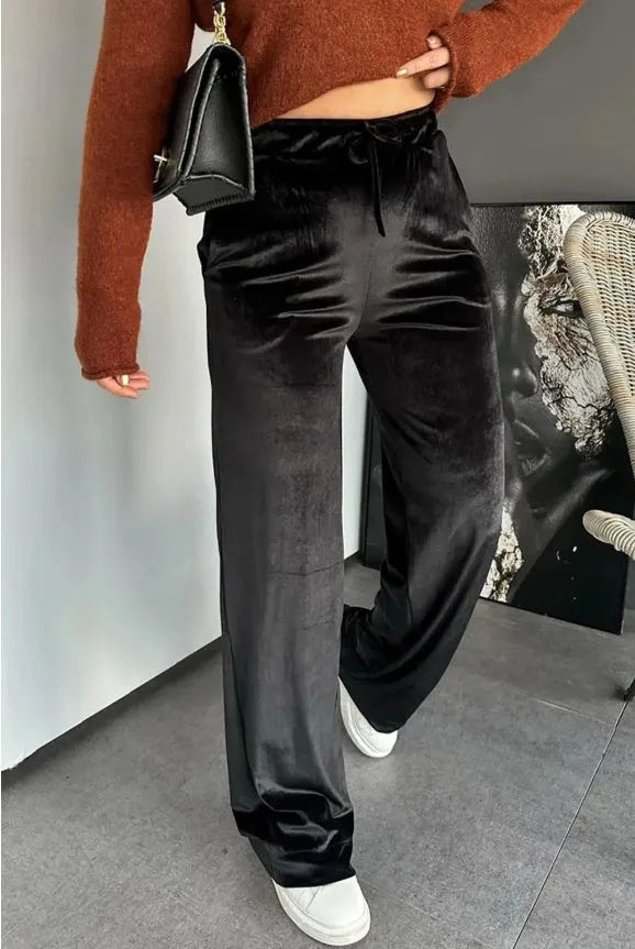 Black shiny velvet drawstring high waist straight leg casual pants, polyester, women, Asian sizes S to XL