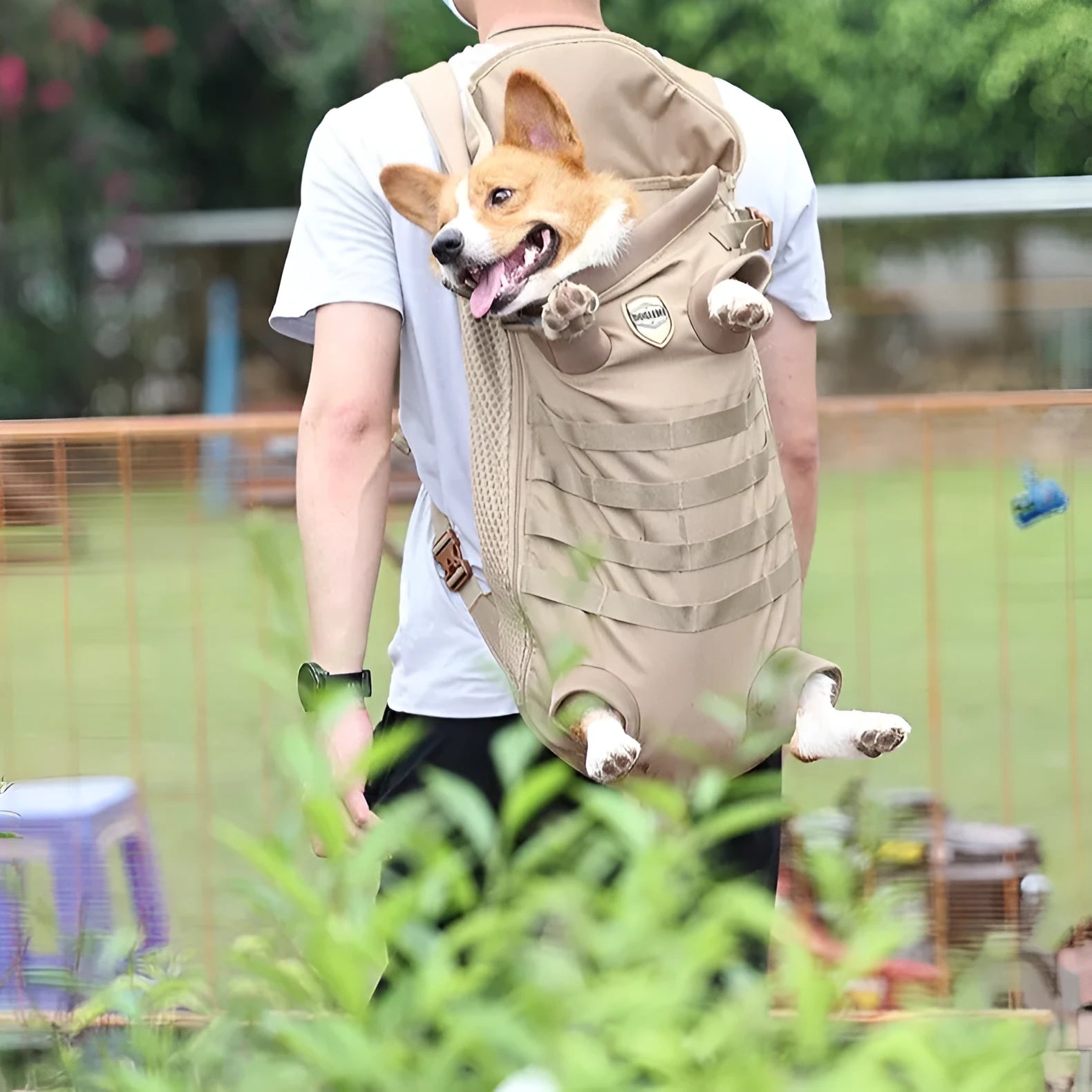 Khaki polyester pet medium dog backpack with two size options M and L on a neutral background