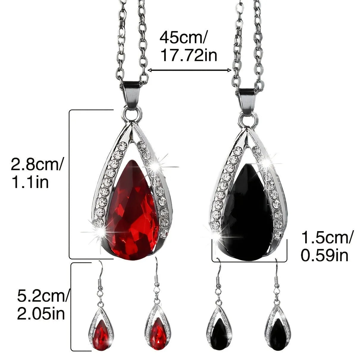 Black and red teardrop-shaped glass pendant necklace and matching stud earrings set on a grey background.
