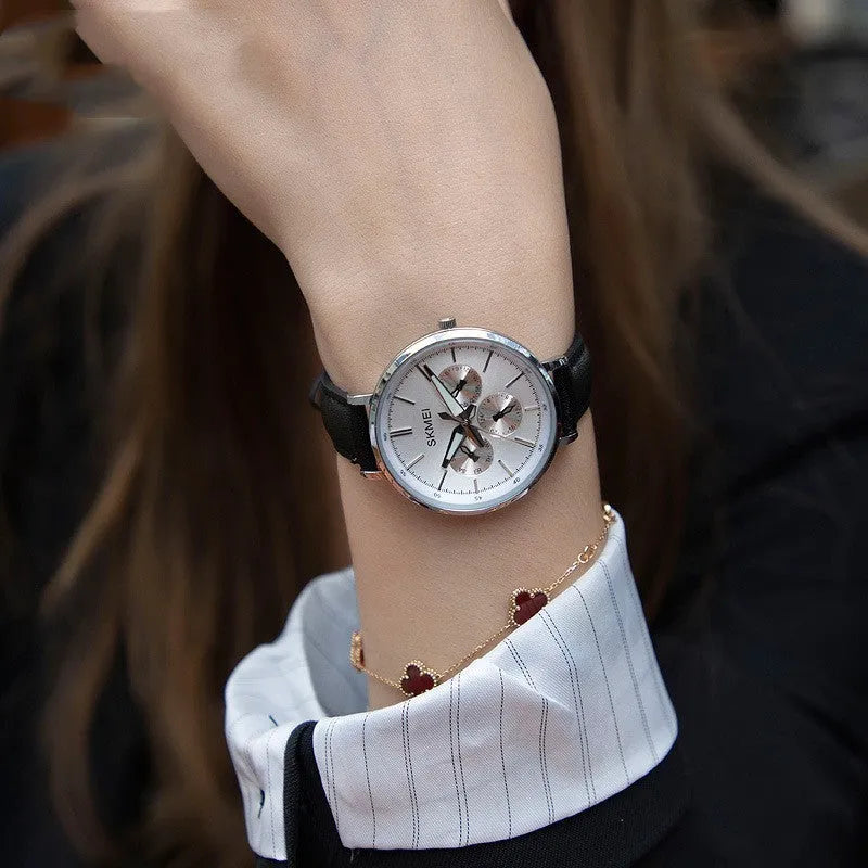 Women's genuine leather retro round quartz watch with six-pin design and 38mm dial on a rose gold case
