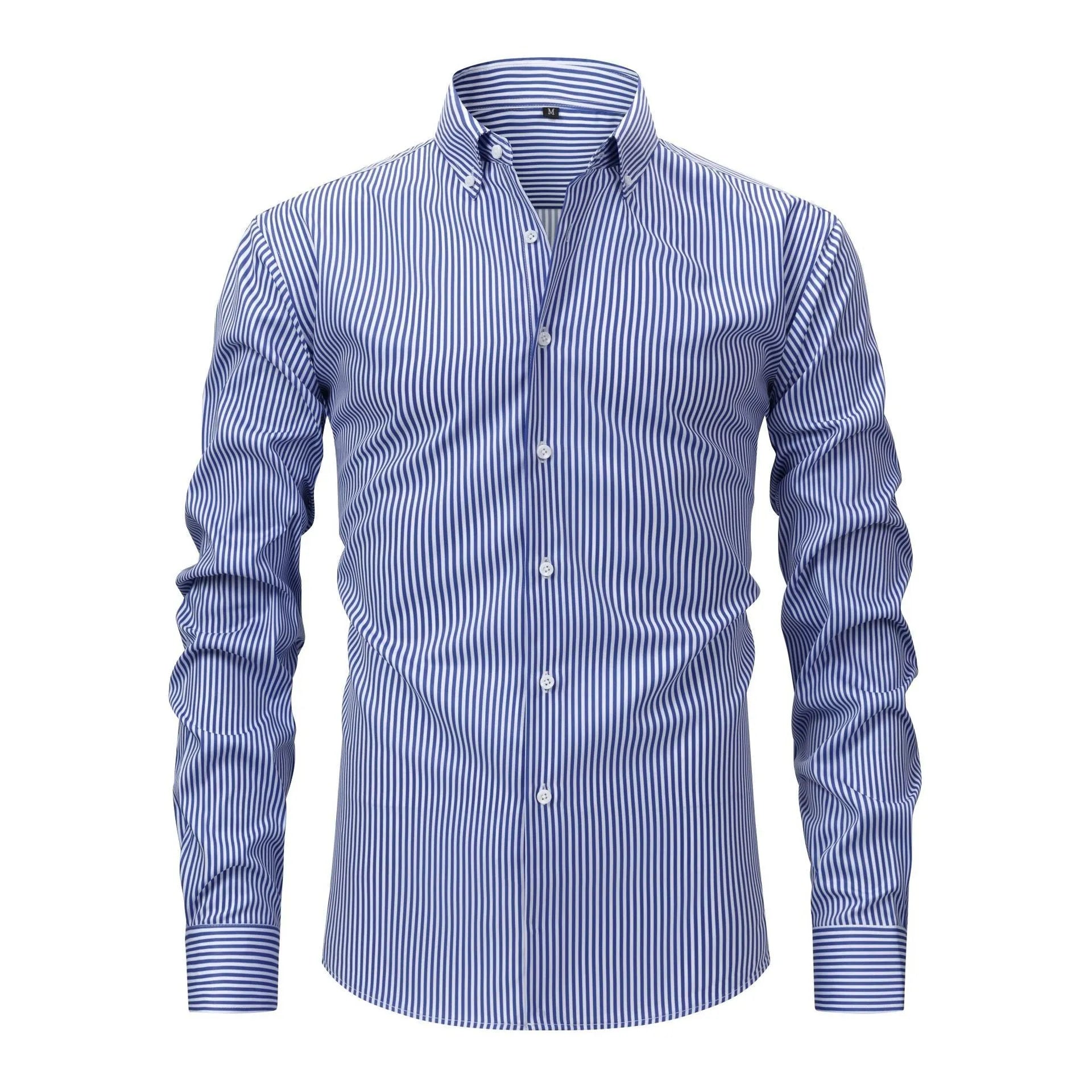 Man wearing a striped non-iron long-sleeved business shirt with a lapel collar.