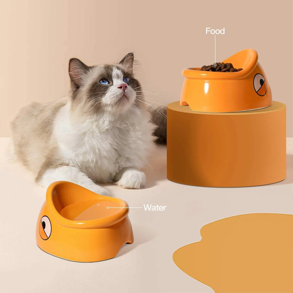 Orange ceramic pet food bowl with fish head pattern, 196x121x149mm, on floor