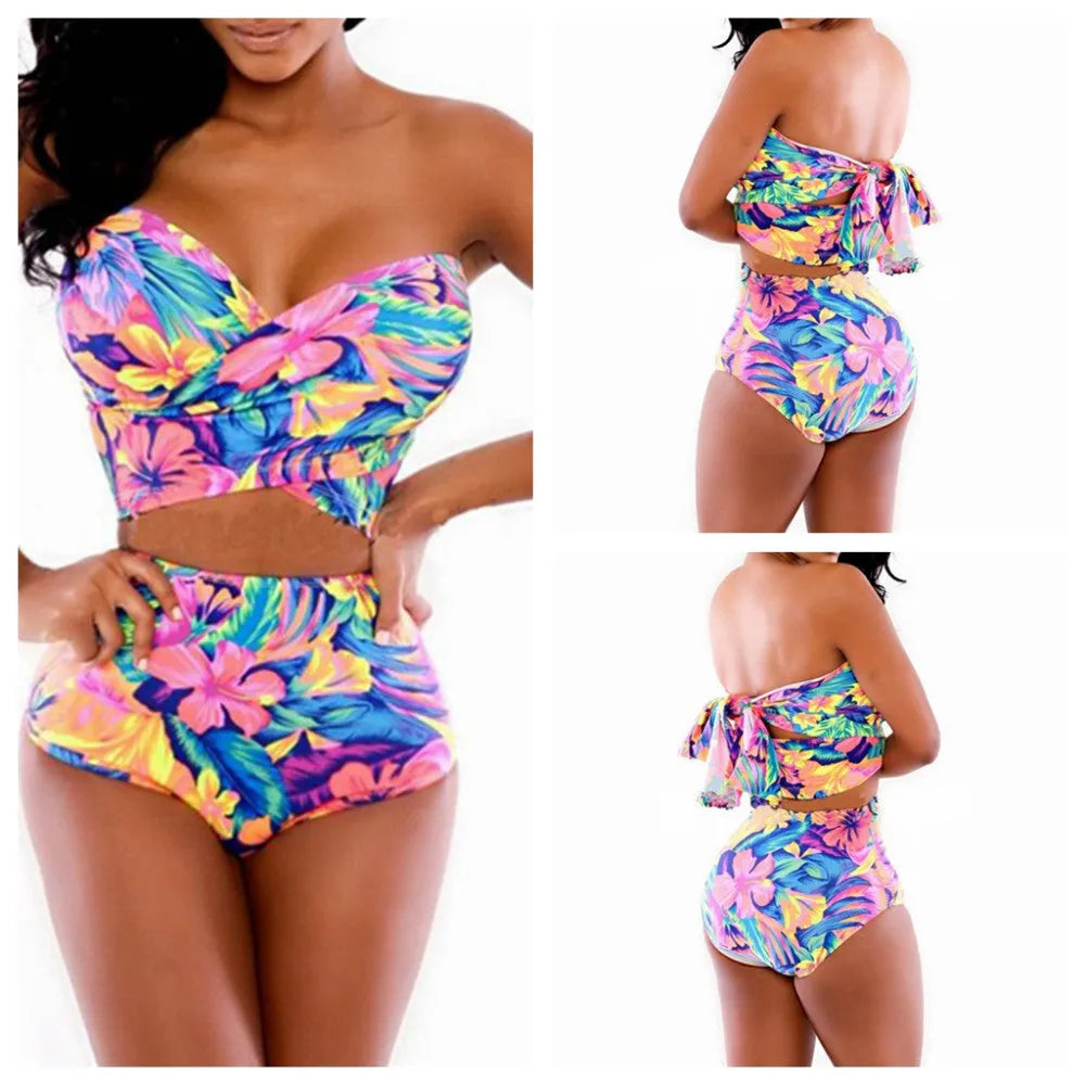 Red printed swimsuit two-piece with chest wrap style showing front view of complete set