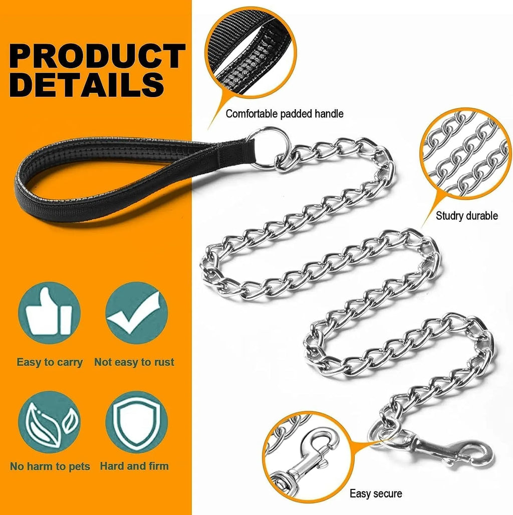 Heavy duty metal dog chain leash with a soft black padded handle.